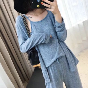 加长裤 吊带加开衫 家居服可当睡衣月子服 懒人三件套女超级韩版 四季