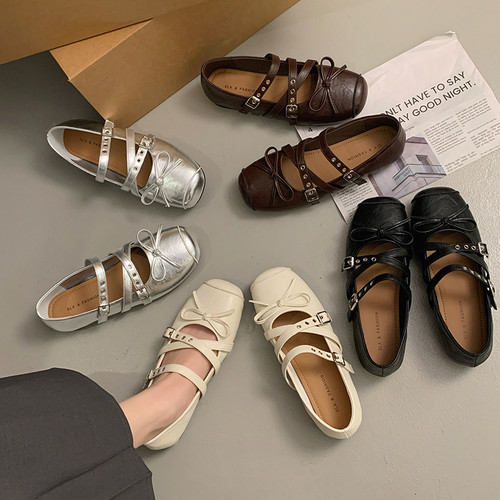 韩版芭蕾鞋女蝴蝶结皮带扣玛丽珍鞋小银鞋新款法式浅口单鞋平底鞋