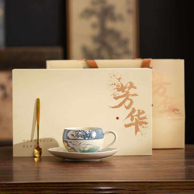 高档新中式荷花陶瓷咖啡杯碟套装高颜值家用办公室拿铁拉花杯下午