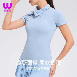 沃德尼短袖T恤女运动上衣蝴蝶结领速干网球服网球服女春季