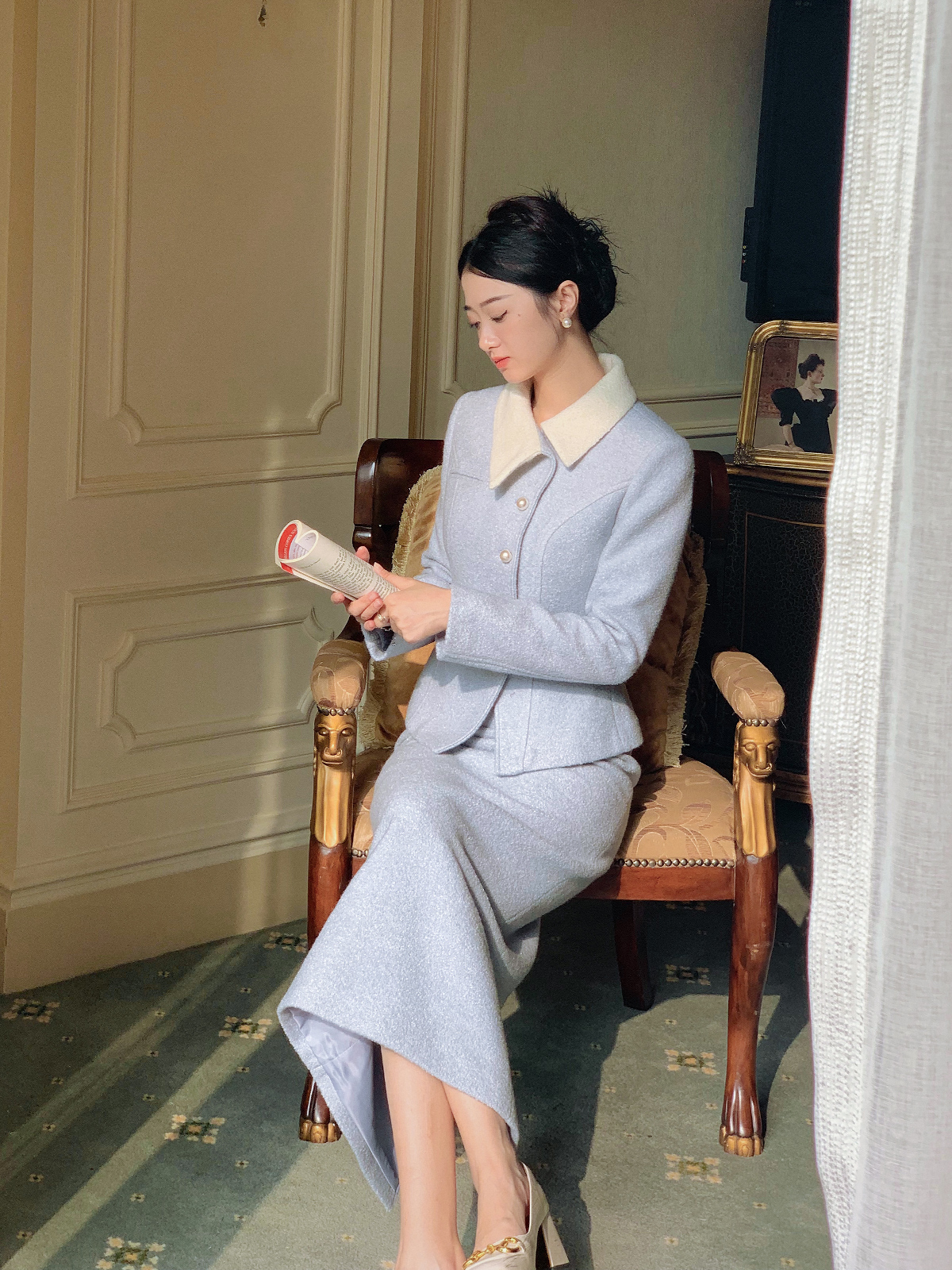 SUHEMR苏哈【蓝樱小姐】复古小香风加厚羊绒外套国风半身裙套装冬
