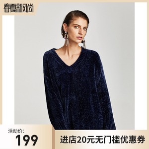 2018秋装女新款V领宽松薄款丝绒针织衫 套头纯色雪尼尔显瘦毛衣