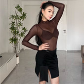 拉丁舞服网纱连体衣女成人长袖 高领国标舞蹈表演上衣练功服打底衫