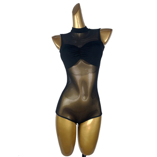 拉丁舞连体衣女夏露背网纱拼接无袖立领训练功服上衣体操服带胸垫