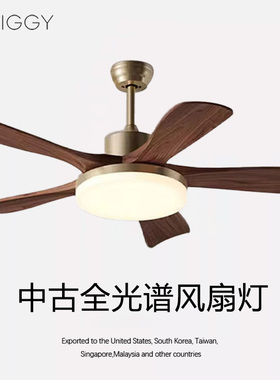 枝间中古风实木风扇灯胡桃木色吸顶吊扇灯静音变频客厅卧室风扇灯