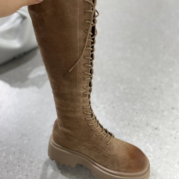 新款厚底弹力骑士靴女靴棕色复古系带长筒靴冬新款1990-228.B16-2