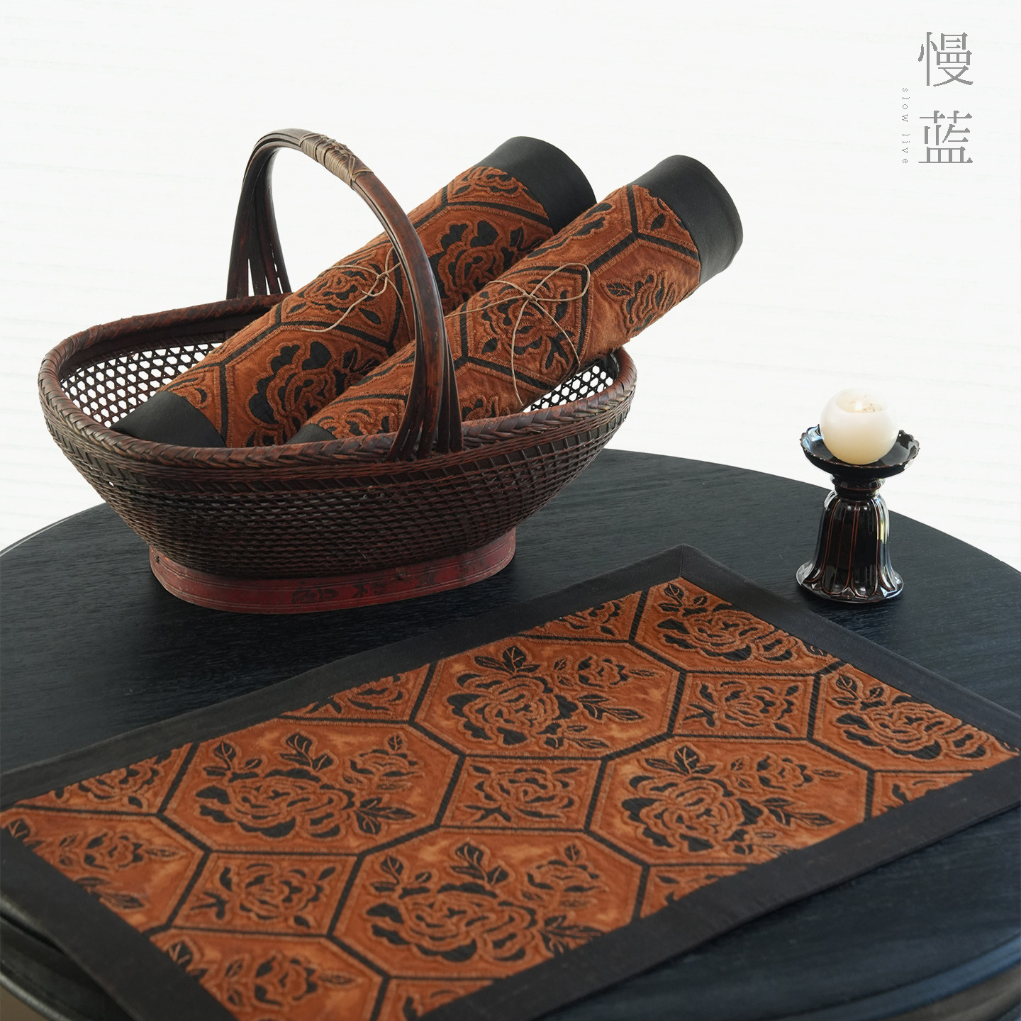 慢蓝丨真丝提花香云纱茶席茶桌垫图片