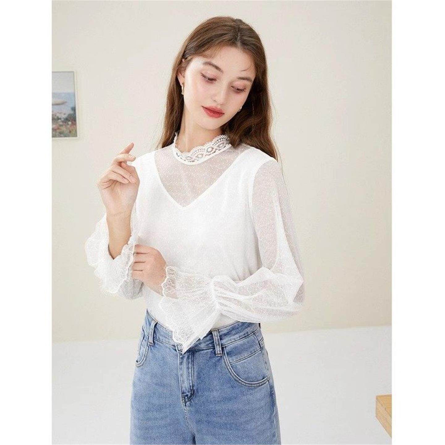 秋水伊人2025春装新款蕾丝花边袖口立领圆点上衣减龄长袖衬衫V17