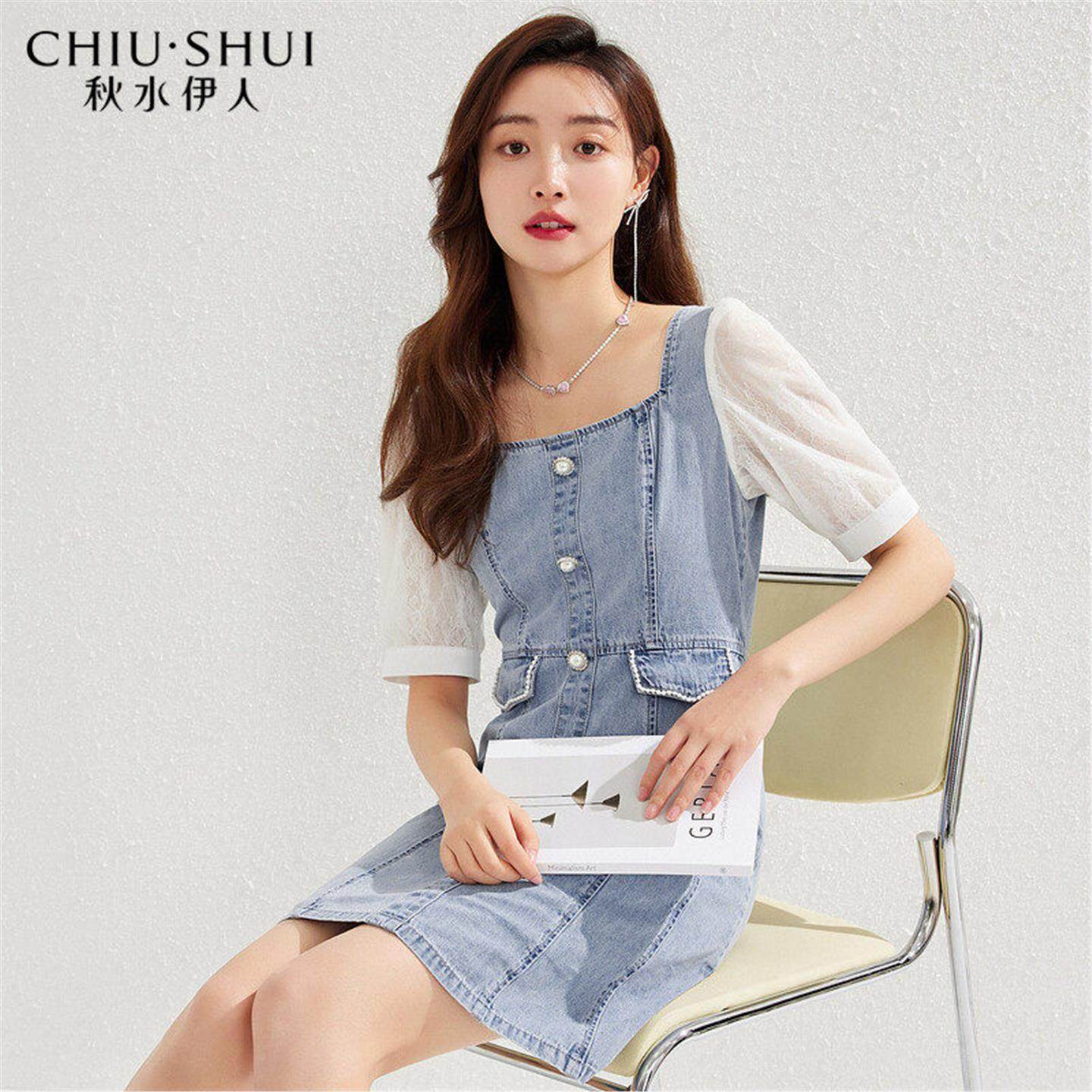 秋水伊人减龄牛仔洋装2025年夏新款女装蕾丝修身遮肉短裙V1479,女装/女士精品,连衣裙,淘宝优惠券,粉丝福利购,淘宝优惠卷