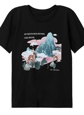 秋水伊人2025年夏季新款黑色日系T恤圆领宽松短袖上衣V778