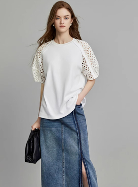 艾格2024夏法式白色镂空短袖T恤女纯棉设计感薄款圆领上衣1EX2021