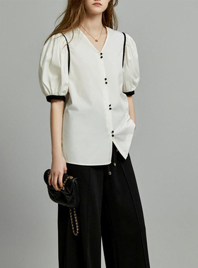 艾格法式泡泡袖衬衫撞色上衣女24夏款设计感白色小众上衣1EX2008