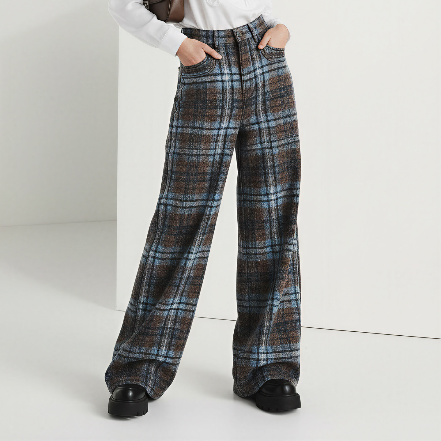 春季新款高腰显瘦休闲长裤直筒裤蓝色格子牛仔裤女宽松阔腿裤裤子