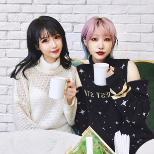 Meowo樱萘新品 自带Blingbling黑色星星金线高领毛衣女中长款两穿