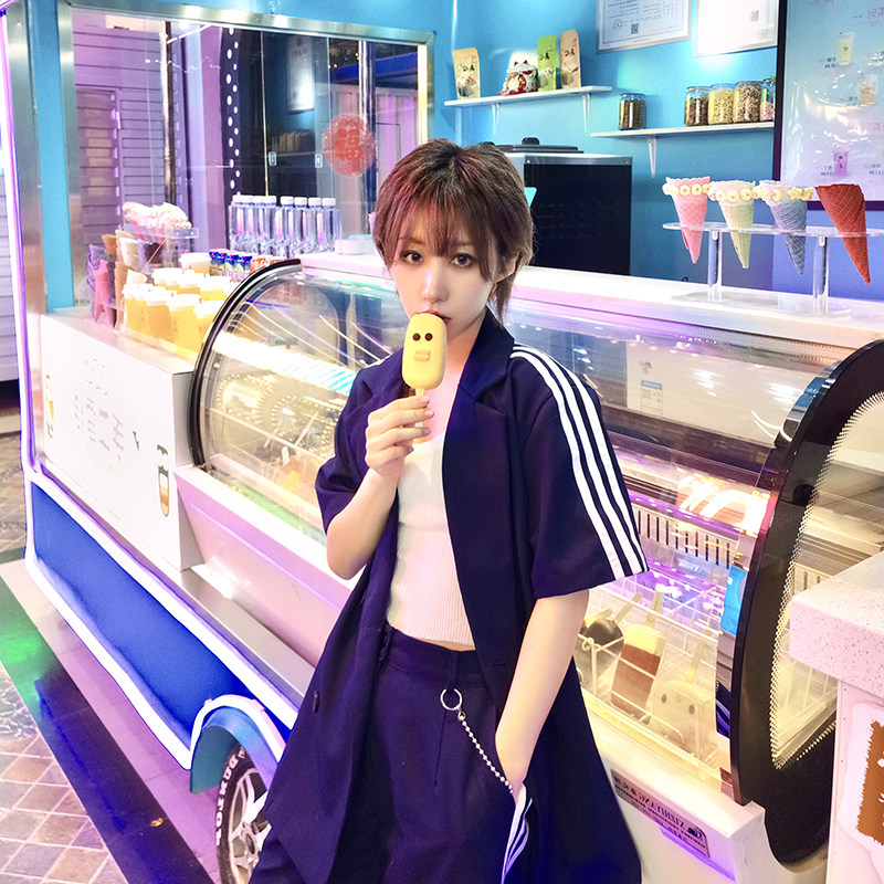 清仓不退换Meowo原创设计运动风宽松西服短袖外套上衣短裤套装