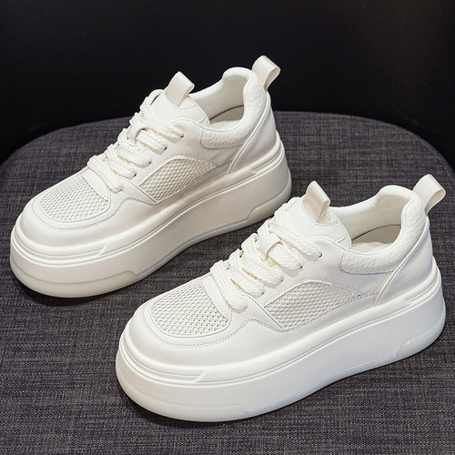 香港真皮网面透气小白鞋女2025冬季新款爆款百搭厚底运动平底板鞋