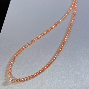 初桃 5mm天然红粉色极强光淡水AK珍珠V字项链颈链女 浅小屋