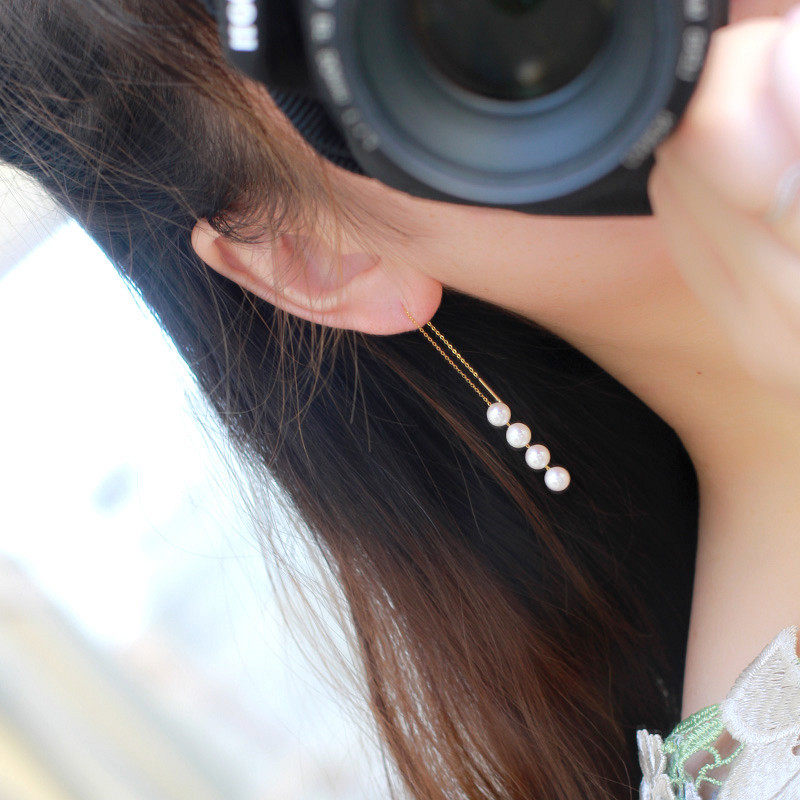 【浅小屋】18k金多颗间隔长款淡水珍珠耳线耳钉耳饰5-5.5mm极强光