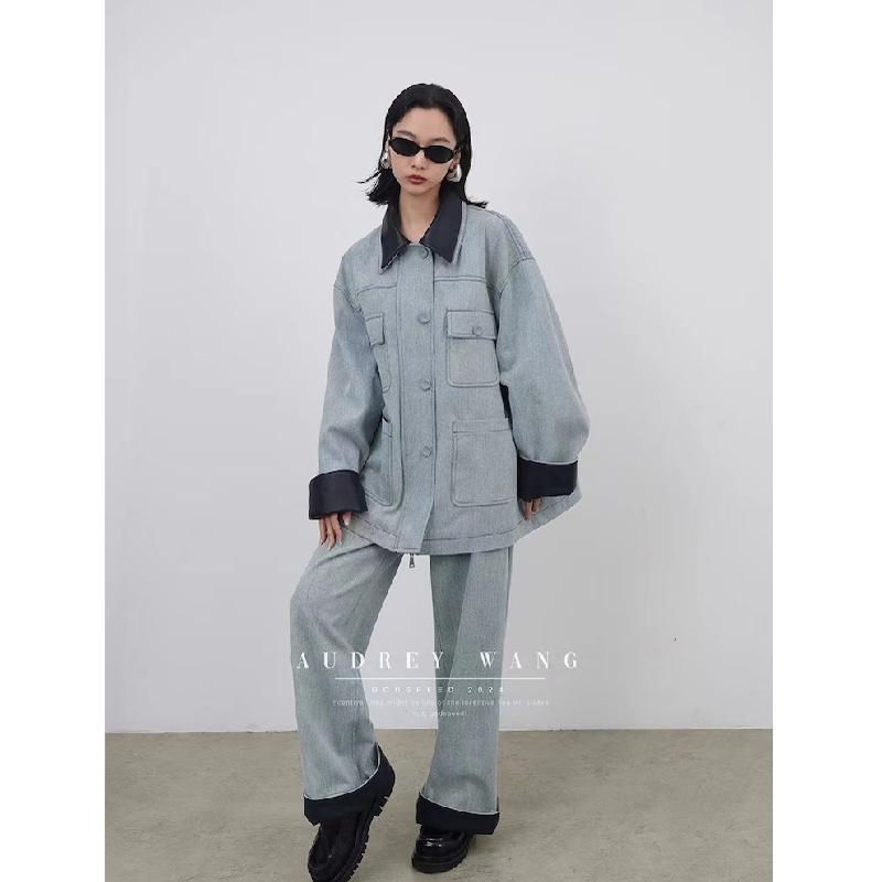 AUDREYWANG牛仔外套拼皮套装