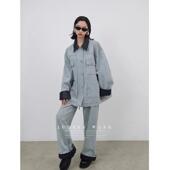 折扣AudreyWang宽松拼皮可拆卸双层领浅色水洗牛仔外套夹克阔腿裤