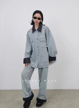 折扣AudreyWang宽松拼皮可拆卸双层领浅色水洗牛仔外套夹克阔腿裤