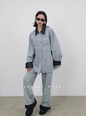 AUDREYWANG牛仔外套拼皮套装