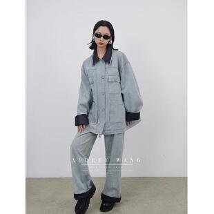 折扣AudreyWang宽松拼皮可拆卸双层领浅色水洗牛仔外套夹克阔腿裤
