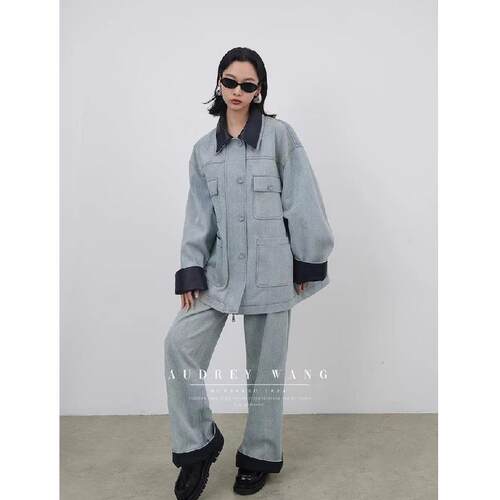 AUDREYWANG牛仔外套拼皮套装