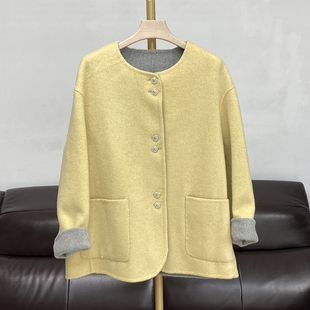 2025秋冬新款两面穿羊毛呢外套女短款圆领小香风双面羊绒大衣宽松