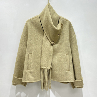 围巾拆卸多穿双面羊绒大衣女短款小个子韩系宽松百搭羊毛呢子外套