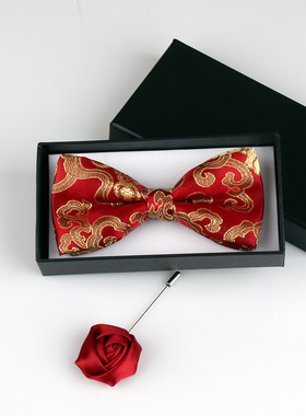 新品商务正装结婚领结中国风织锦缎鲜酒红秀禾服面料新郎蝴蝶结