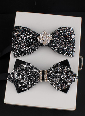 成人银底水钻红黑金蓝白闪亮领结结婚表演主持正装奢华宴会蝴蝶结