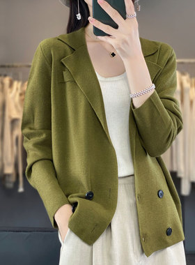 100%纯色羊毛衫小西服开衫外套女针织外搭毛衣西装领羊绒加厚正装