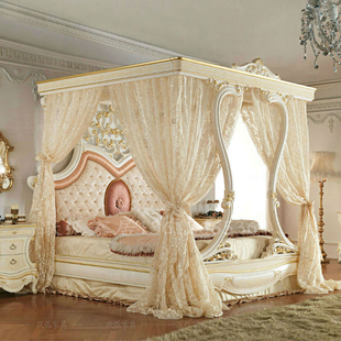 彩绘公主床法式 高端定制家具别墅欧式 实木雕花奢华布艺高架床婚床