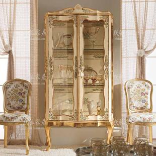 彩绘酒柜欧式 别墅定制家具高端实木雕花奢华法式 双门玻璃柜装 饰柜