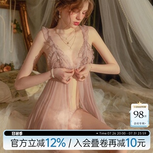 今夕何夕性感睡衣女春蕾丝前扣开叉网纱薄款透明情调诱惑吊带睡裙
