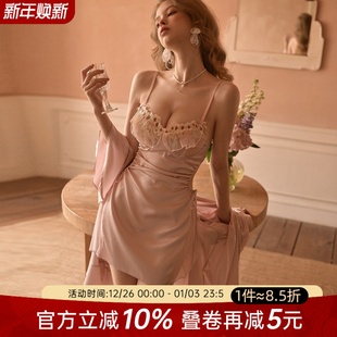 今夕何夕性感睡衣女法式 情调小胸蕾丝透视短裙高级纯欲风吊带睡裙