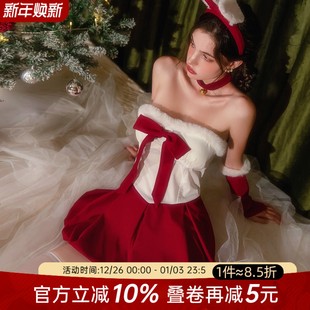 今夕何夕圣诞节性感抹胸睡裙女红色蝴蝶结兔女郎制服丝绒纯欲套装