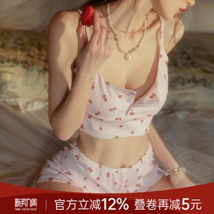 今夕何夕性感睡衣纯欲少女樱桃印花秋甜美诱惑短裤 两件套吊带睡裙