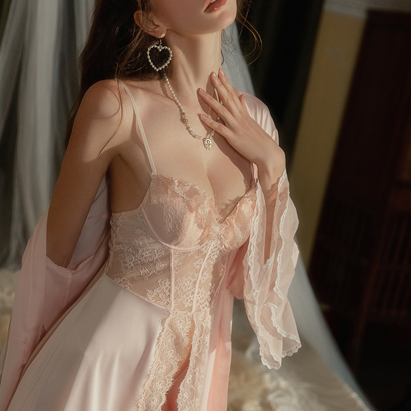 今夕何夕性感睡衣女蕾丝网纱透视吊带睡裙露背小胸聚拢家居服套装