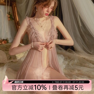 今夕何夕性感睡衣女春蕾丝前扣开叉网纱薄款透明情调诱惑吊带睡裙