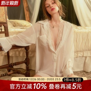 家居服套装 今夕何夕性感睡衣女长袖 男友风纯欲雪纺透视花边白衬衫