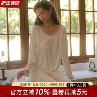 今夕何夕性感睡衣女2025新款 宽松莫代尔高级蕾丝花边家居服两件套