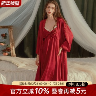 今夕何夕性感睡衣女红色本命年结婚家居服套装 蝴蝶结宽松吊带睡裙