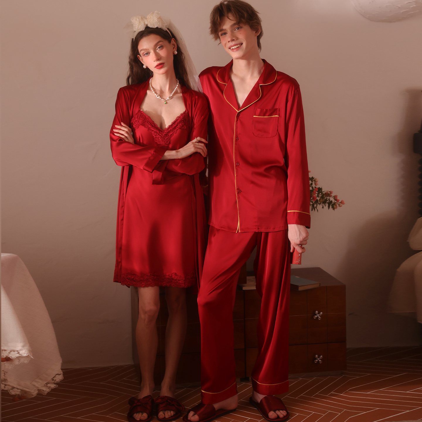 今夕何夕性感睡衣女高级感本命年情侣吊带睡裙红色蕾丝边家居服