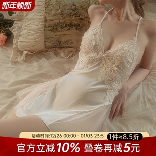 今夕何夕性感睡衣女款 冰丝纯欲风带胸垫蕾丝吊带睡裙 秋冬2025新款