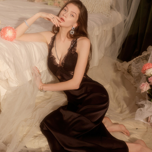 今夕何夕性感睡衣女款蕾丝吊带睡裙春季新款蝴蝶结纯欲长裙家居服