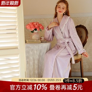 系带家居服 加厚丝绒气质长款 今夕何夕性感法式 珊瑚绒睡袍女秋冬季