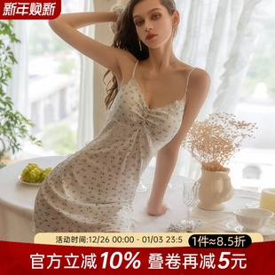 今夕何夕性感睡衣女2025新款 蕾丝碎花纯欲风带胸垫吊带睡裙 秋季