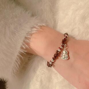 3D十二生肖蛇年春节天然石榴石 通体925银本命年纯银手链吊坠可拆